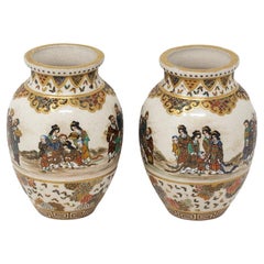 Antique Japanese Meiji Period Satsuma Vase Pair Gyokuzan