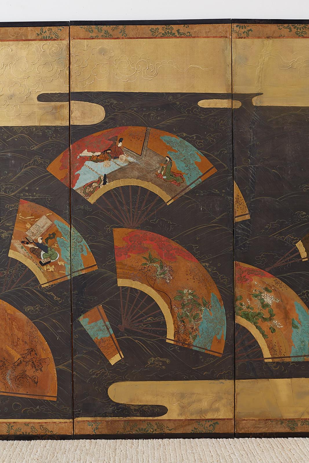 19th Century Japanese Meiji Period Screen Fans over Waves