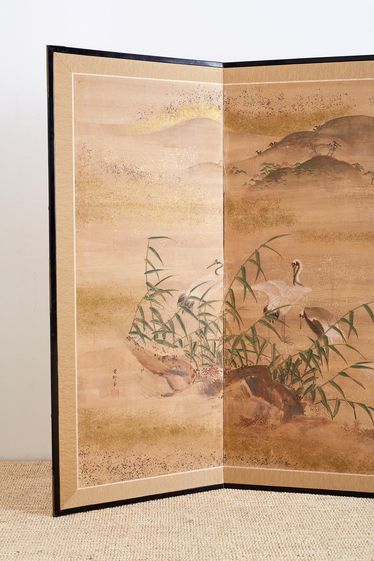 Ebonized Japanese Meiji Period Screen of Red-Crowned Cranes