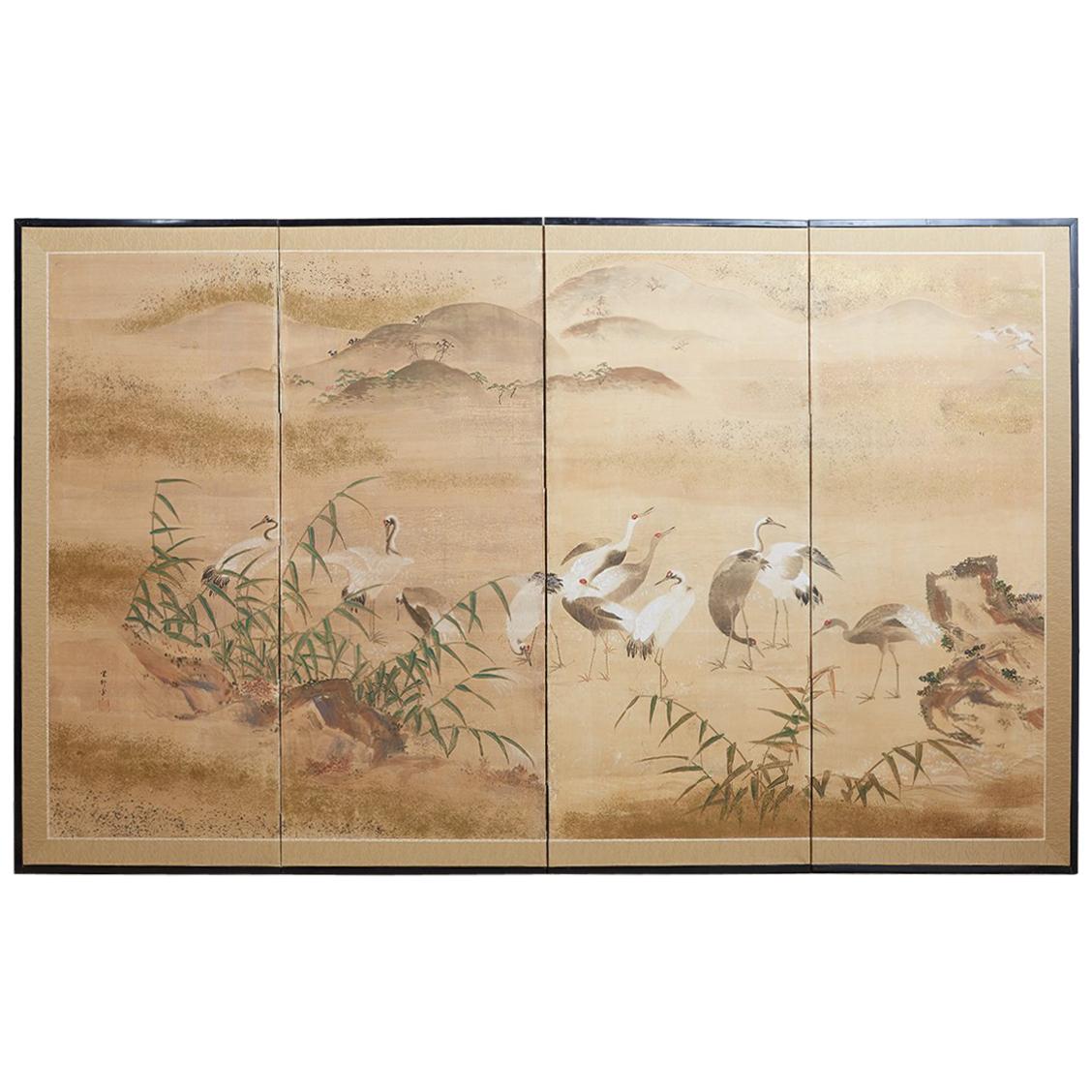 Japanese Meiji Period Screen of Red-Crowned Cranes