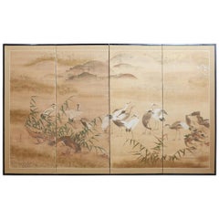 Japanese Meiji Period Screen of Red-Crowned Cranes