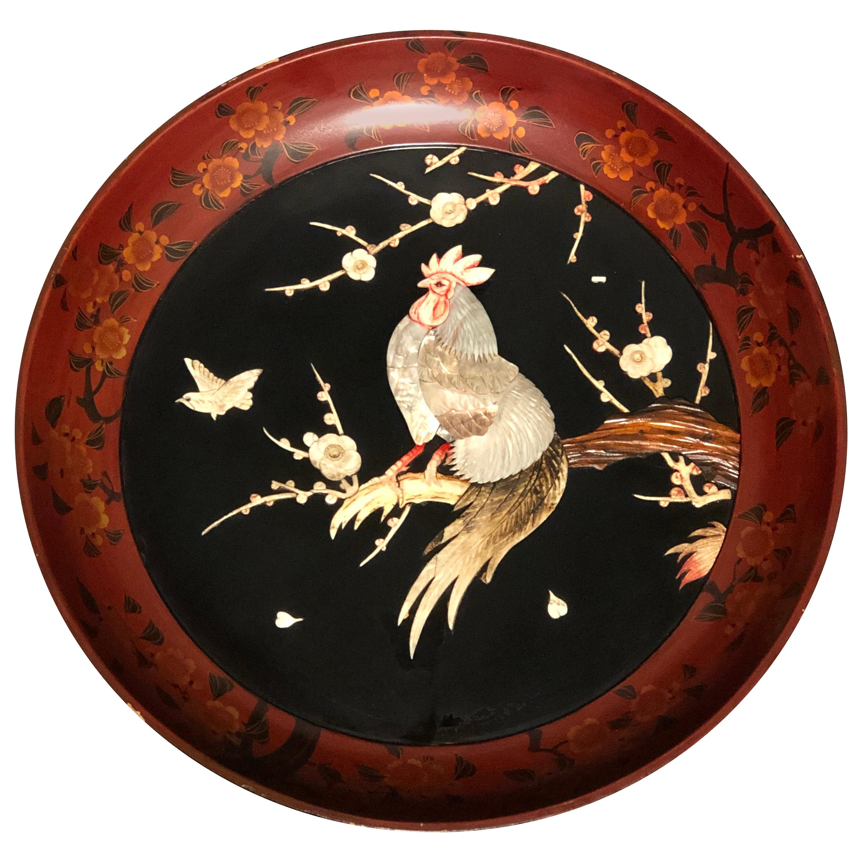 Japanese Meiji Period Shibayama Charger Featuring Cockerel