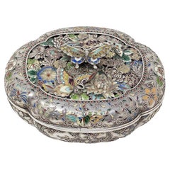 Japanese Meiji Period Silver & Enamel Lidded Butterfly Box