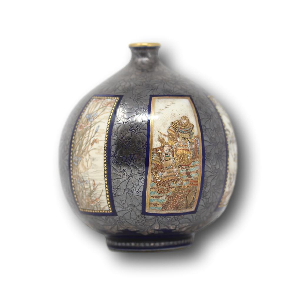 Hand-Painted Japanese Meiji Period Silver On-Laid Vase  Kinkozan