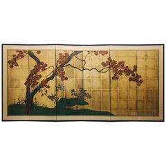 Japanese Showa Period Six-Panel Gilt Screen with Blooming Cherry Tree
