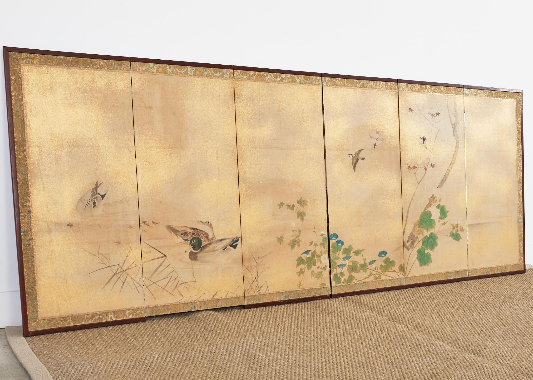 Japanese Meiji Period Six Panel Screen Ducks in Water Landscape For Sale 7