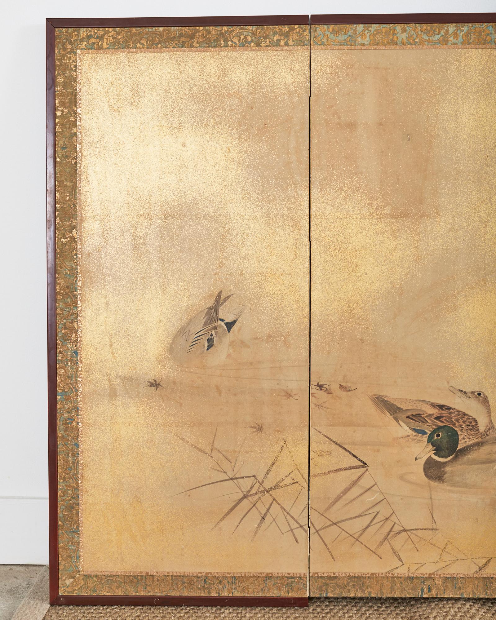 Hand-Crafted Japanese Meiji Period Six Panel Screen Ducks in Water Landscape For Sale