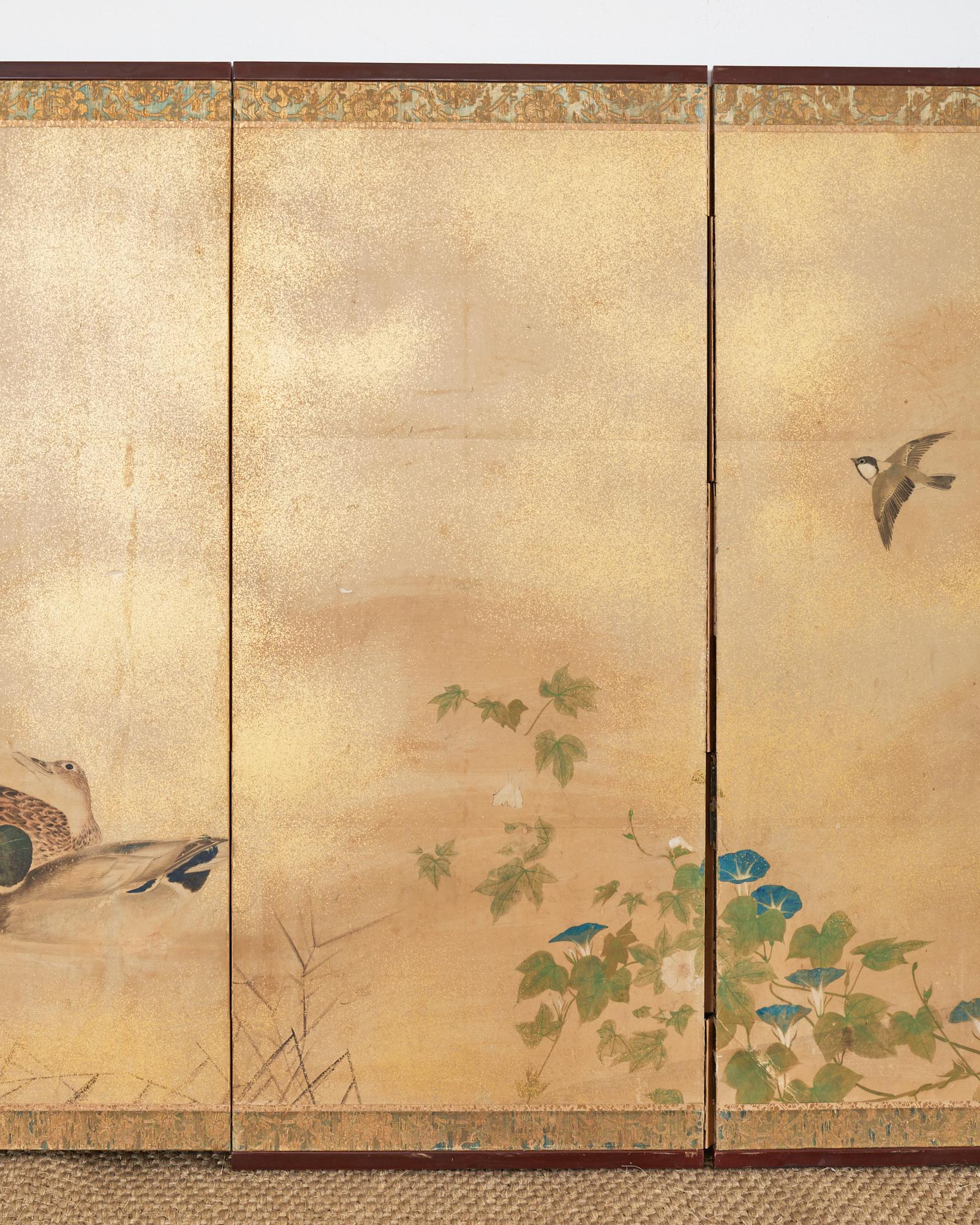 Japanese Meiji Period Six Panel Screen Ducks in Water Landscape In Distressed Condition For Sale In Rio Vista, CA