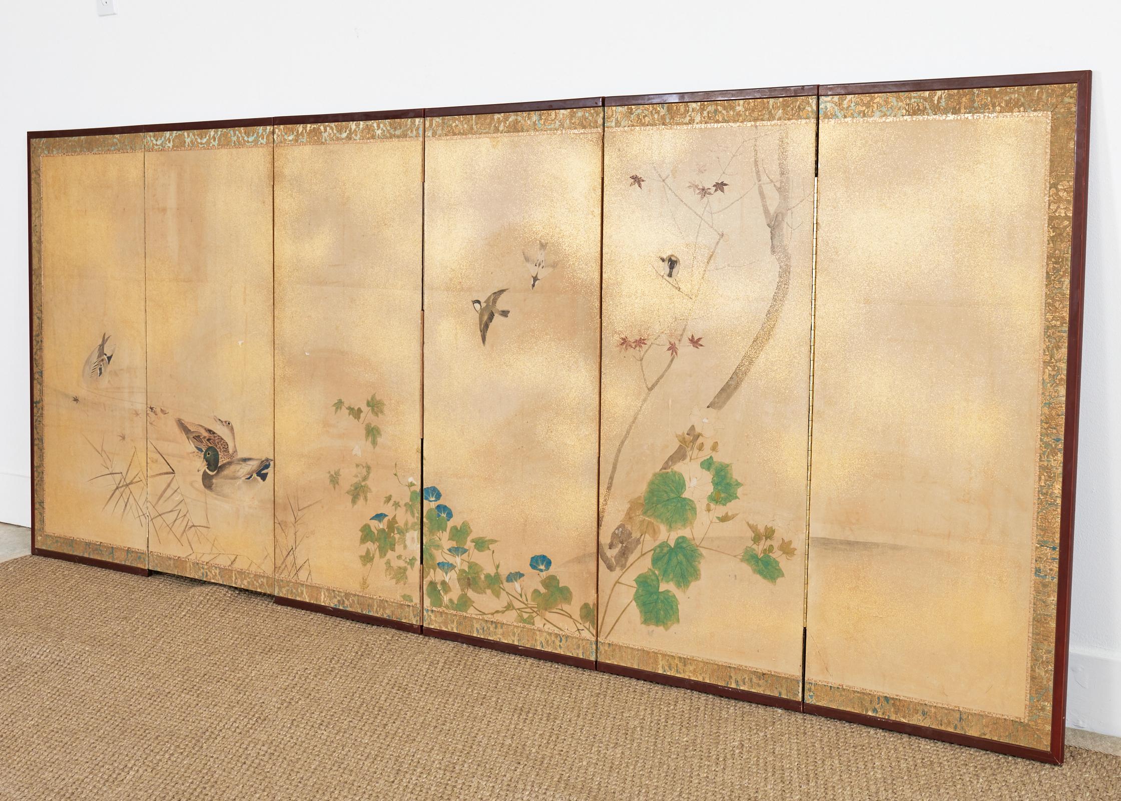 Sechs Paravent-Raumteiler-Enten aus der japanischen Meiji-Periode in Wasserlandschaft (19. Jahrhundert) im Angebot