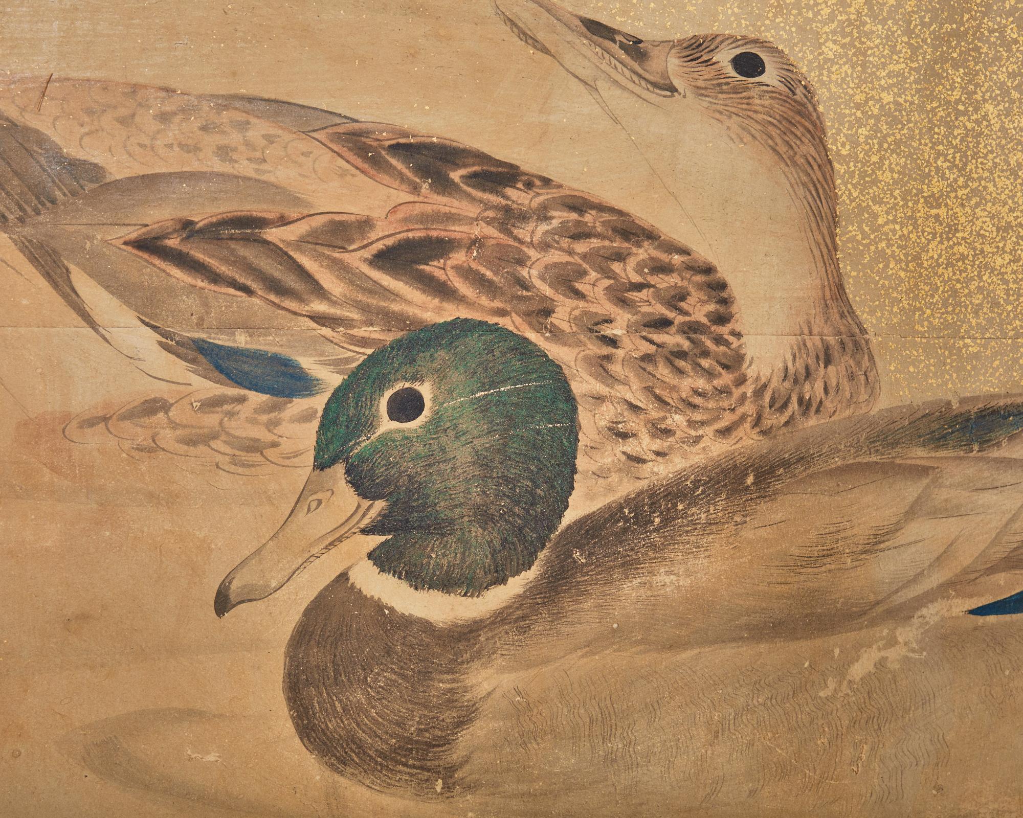 Sechs Paravent-Raumteiler-Enten aus der japanischen Meiji-Periode in Wasserlandschaft im Angebot 2