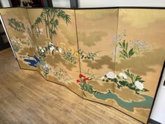 Japanese Meiji Period Six-Panel Screen with Blue Lake and Flowers, Ca. 1900