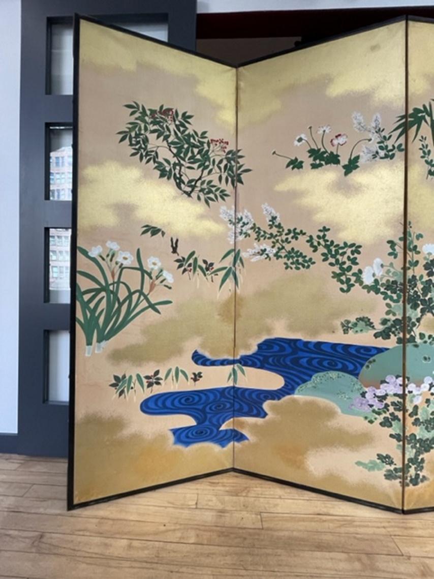 Japonisme Japanese Meiji Period Six-Panel Screen with Blue Lake and Flowers, Ca. 1900 For Sale