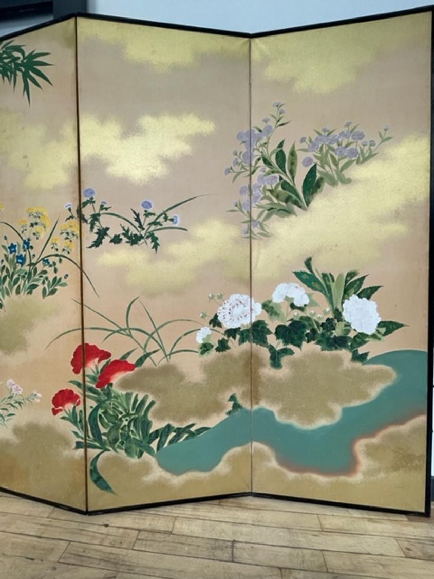 Early 20th Century Japanese Meiji Period Six-Panel Screen with Blue Lake and Flowers, Ca. 1900 For Sale