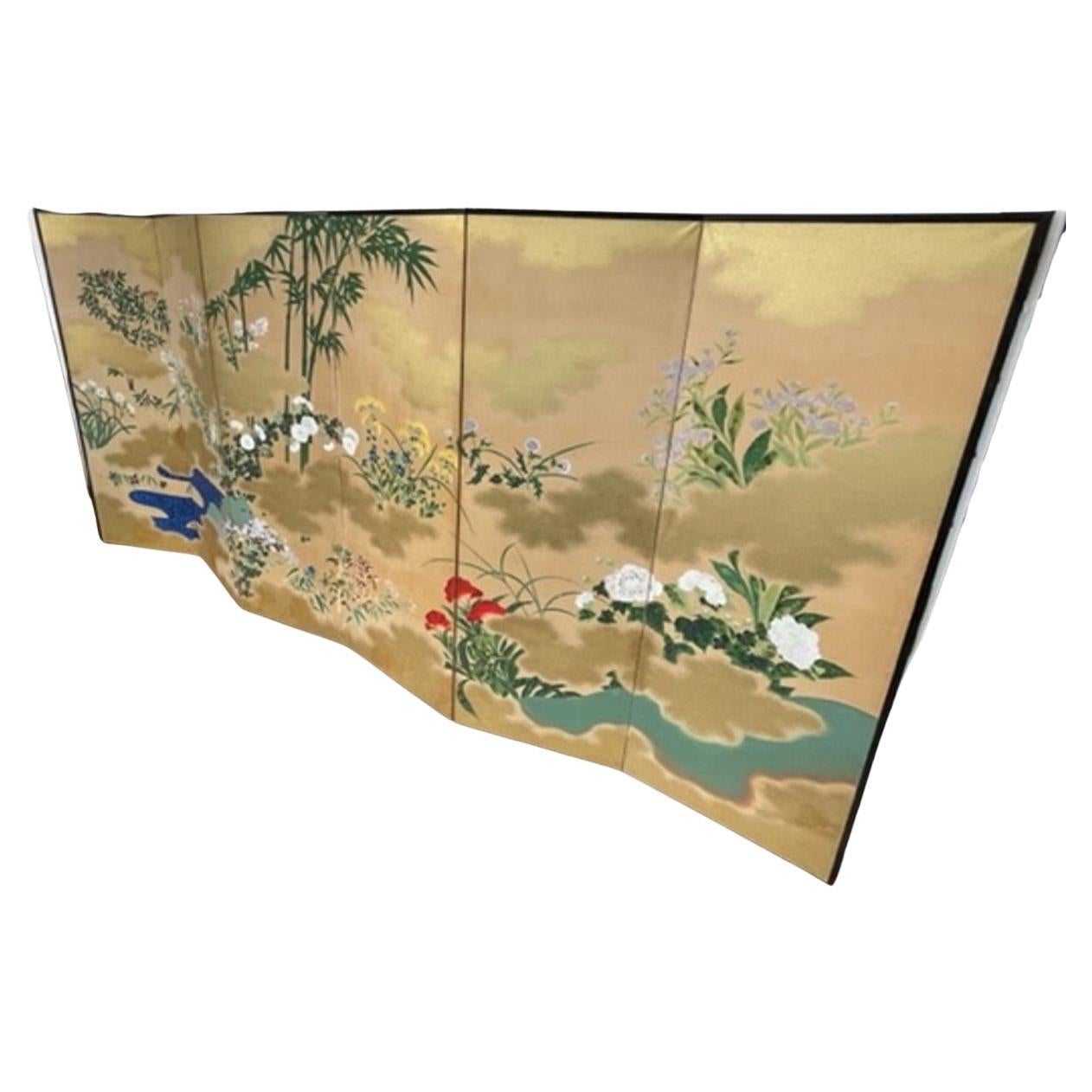Biombo japonés de seis paneles del periodo Meiji con lago azul y flores, ca. 1900