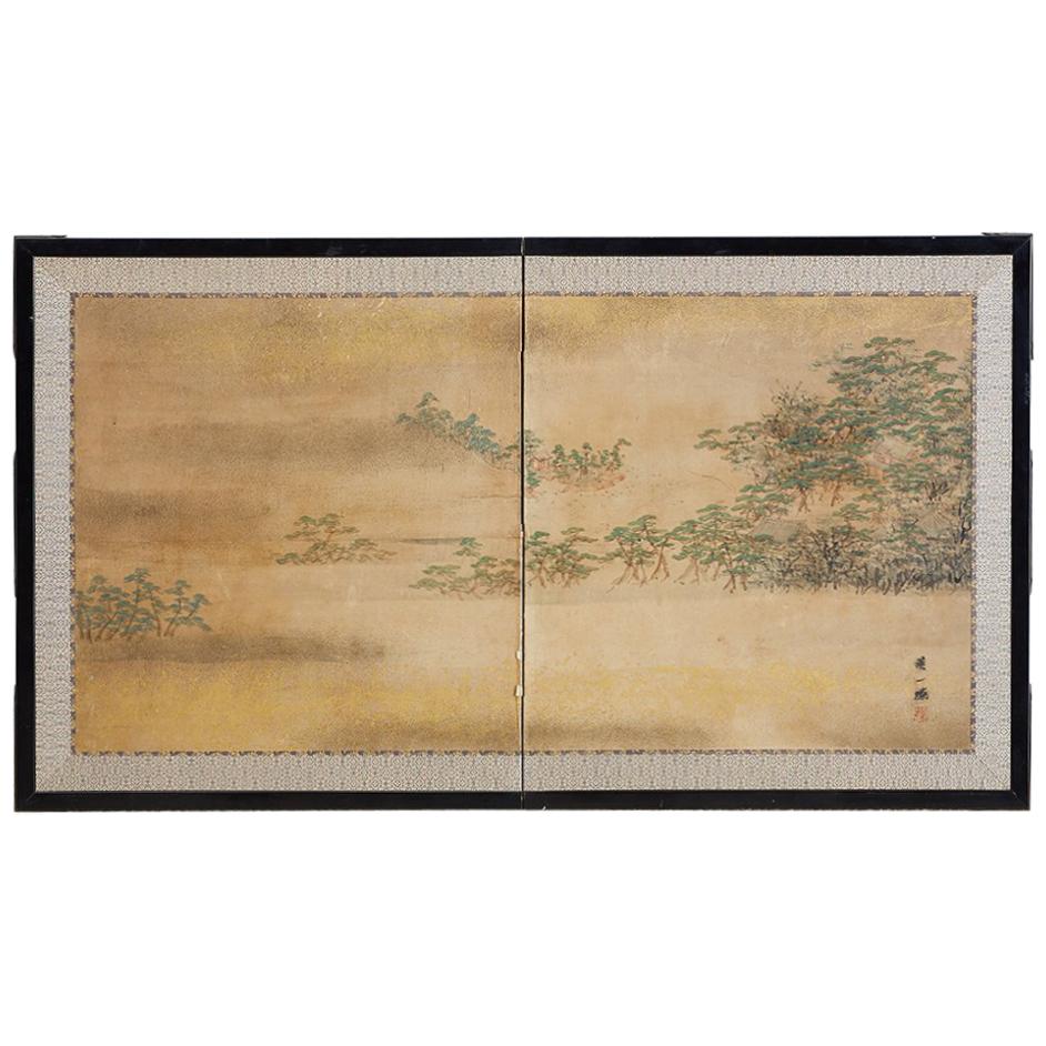 Japanese Meiji Period Two-Panel Landscape Screen