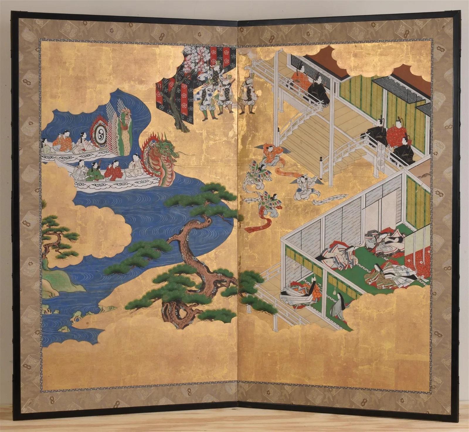 Late 19th Century Japanese Meiji Period Two Panel Screen For Sale