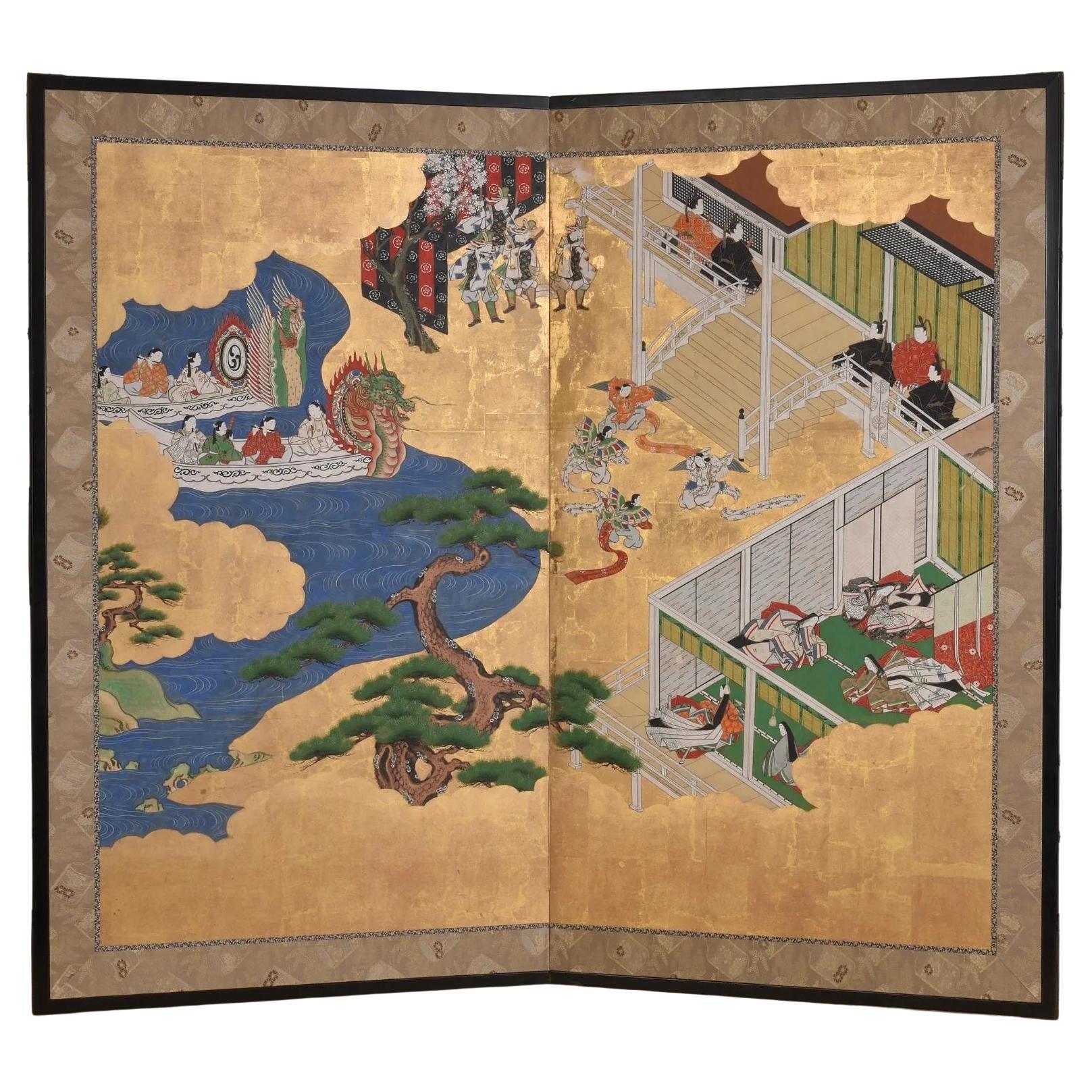 Japanese Meiji Period Two Panel Screen For Sale