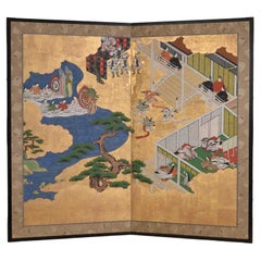 Paravent japonais à deux panneaux de la période Meiji  