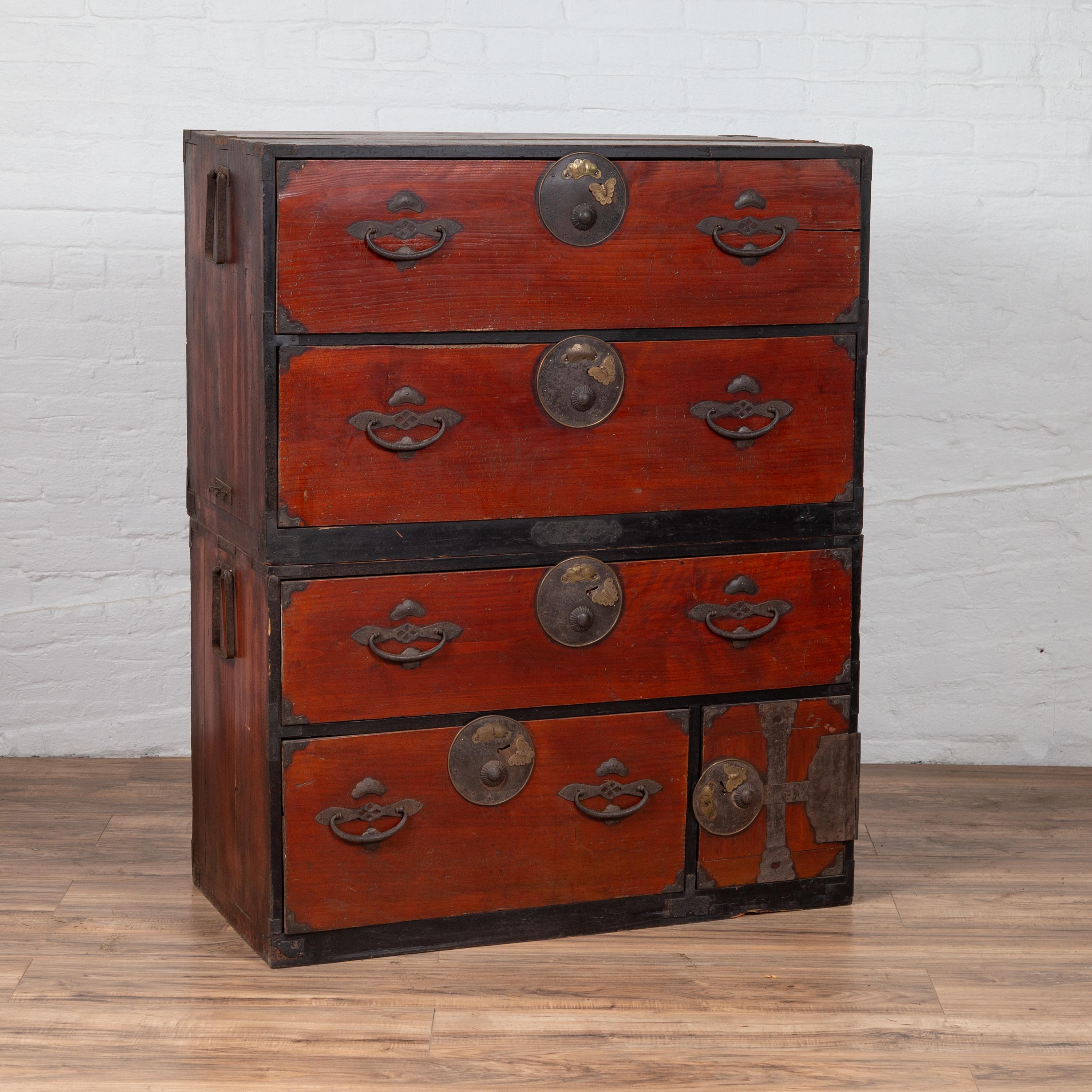 Japanese Meiji Period Two-Part Tansu Clothing Chest with Butterfly Motifs 2