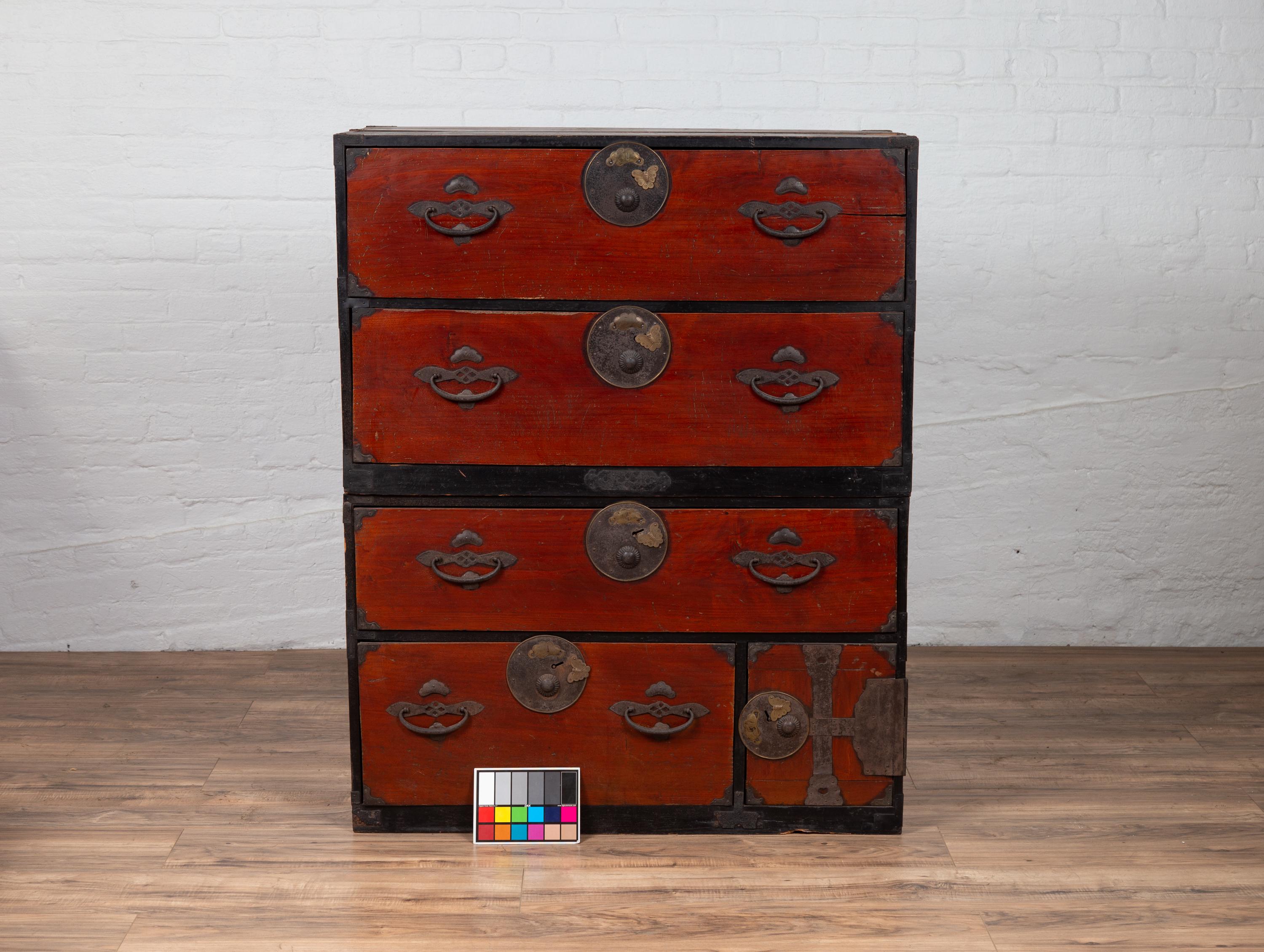 Japanese Meiji Period Two-Part Tansu Clothing Chest with Butterfly Motifs 6
