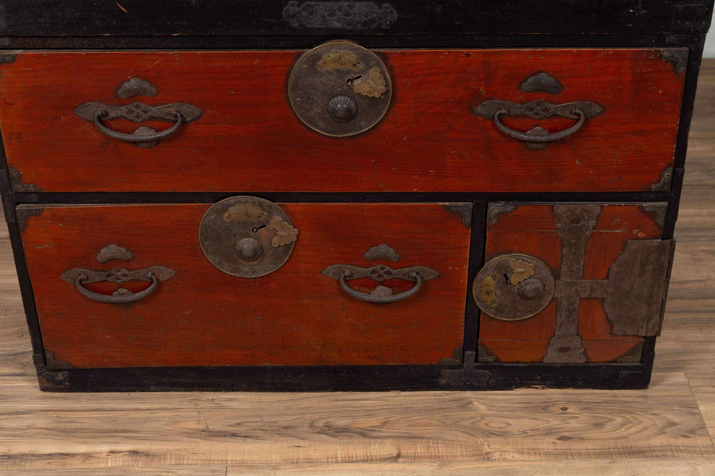 19th Century Japanese Meiji Period Two-Part Tansu Clothing Chest with Butterfly Motifs