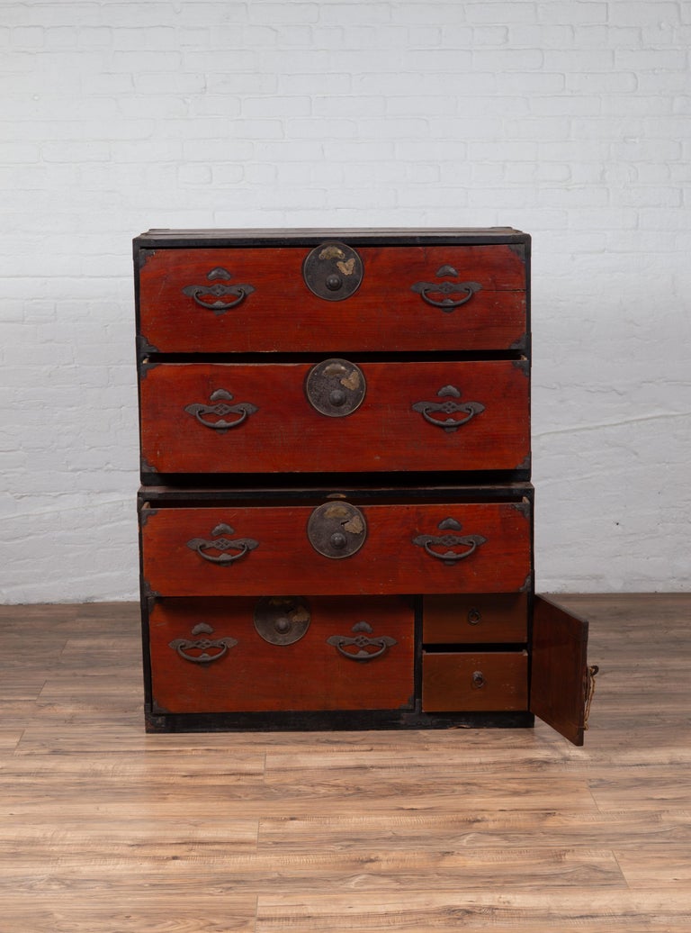 Japanese Meiji Period Two Part Tansu Clothing Chest With Butterfly