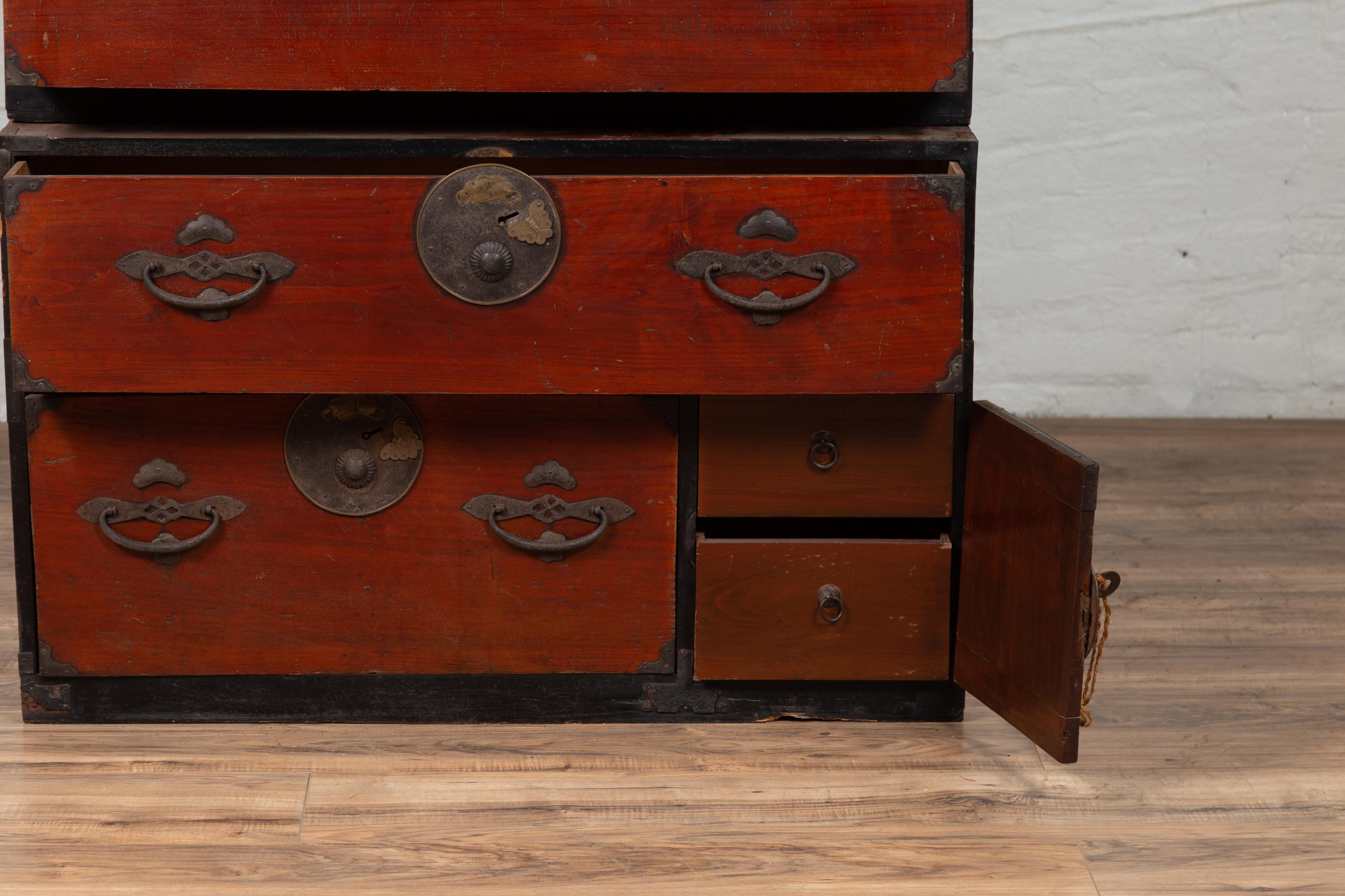 Japanese Meiji Period Two-Part Tansu Clothing Chest with Butterfly Motifs 1
