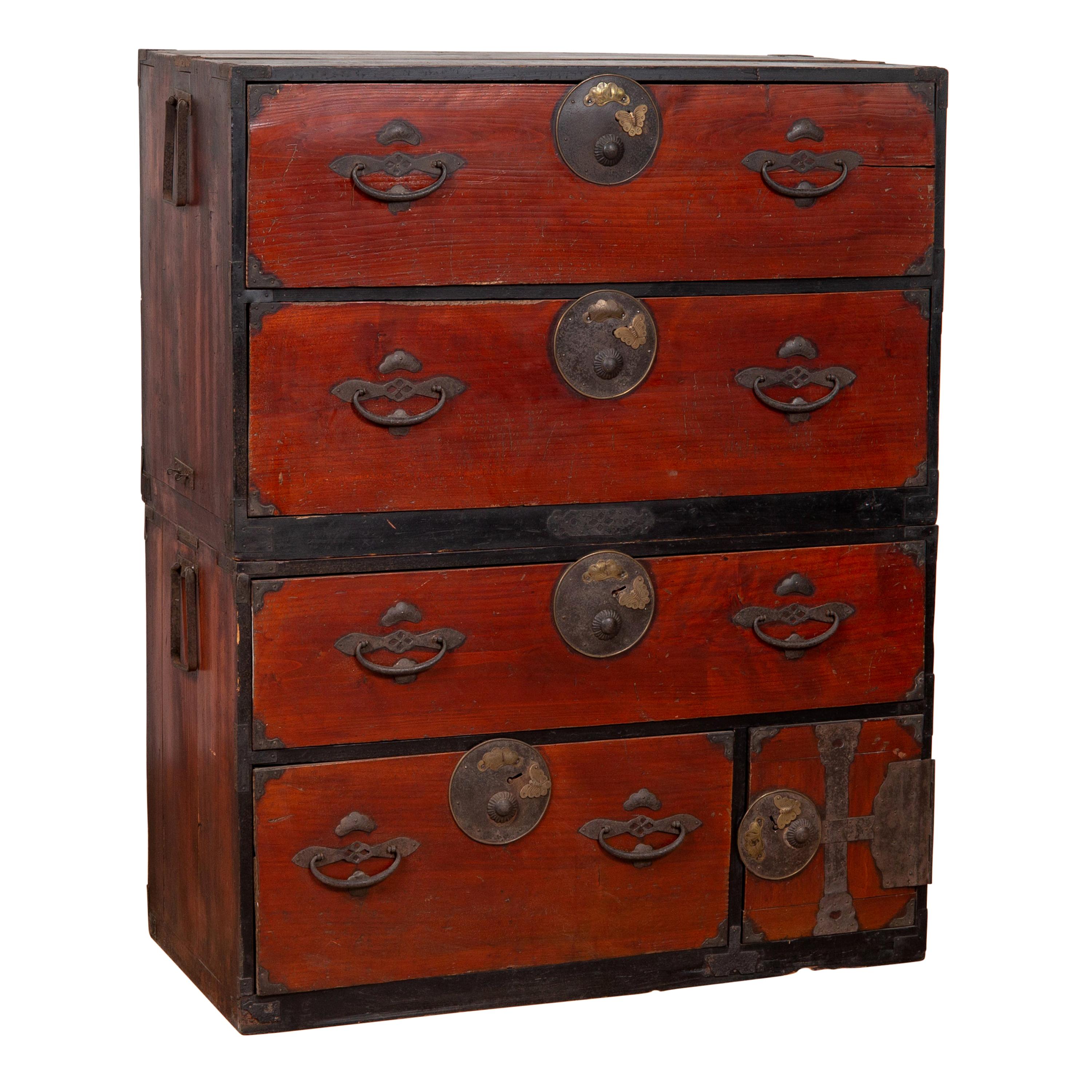 Japanese Meiji Period Two-Part Tansu Clothing Chest with Butterfly Motifs