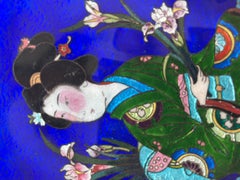 Japanese Meiji Period Ukyoi Cloisonné Plate with Bijin Holding Irises, Ca. 1890