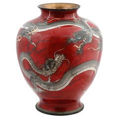 Japanese Meiji Red Cloisonne Enamel Dragon Vase