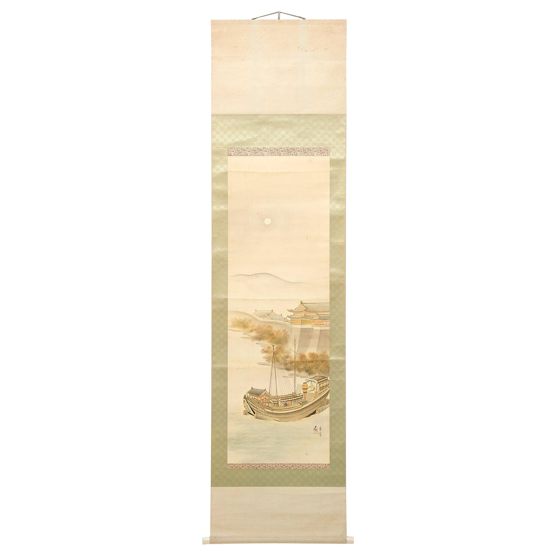 Japanese Meiji Riverside Scroll Painting, c. 1900 For Sale