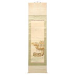 Antique Japanese Meiji Riverside Scroll Painting