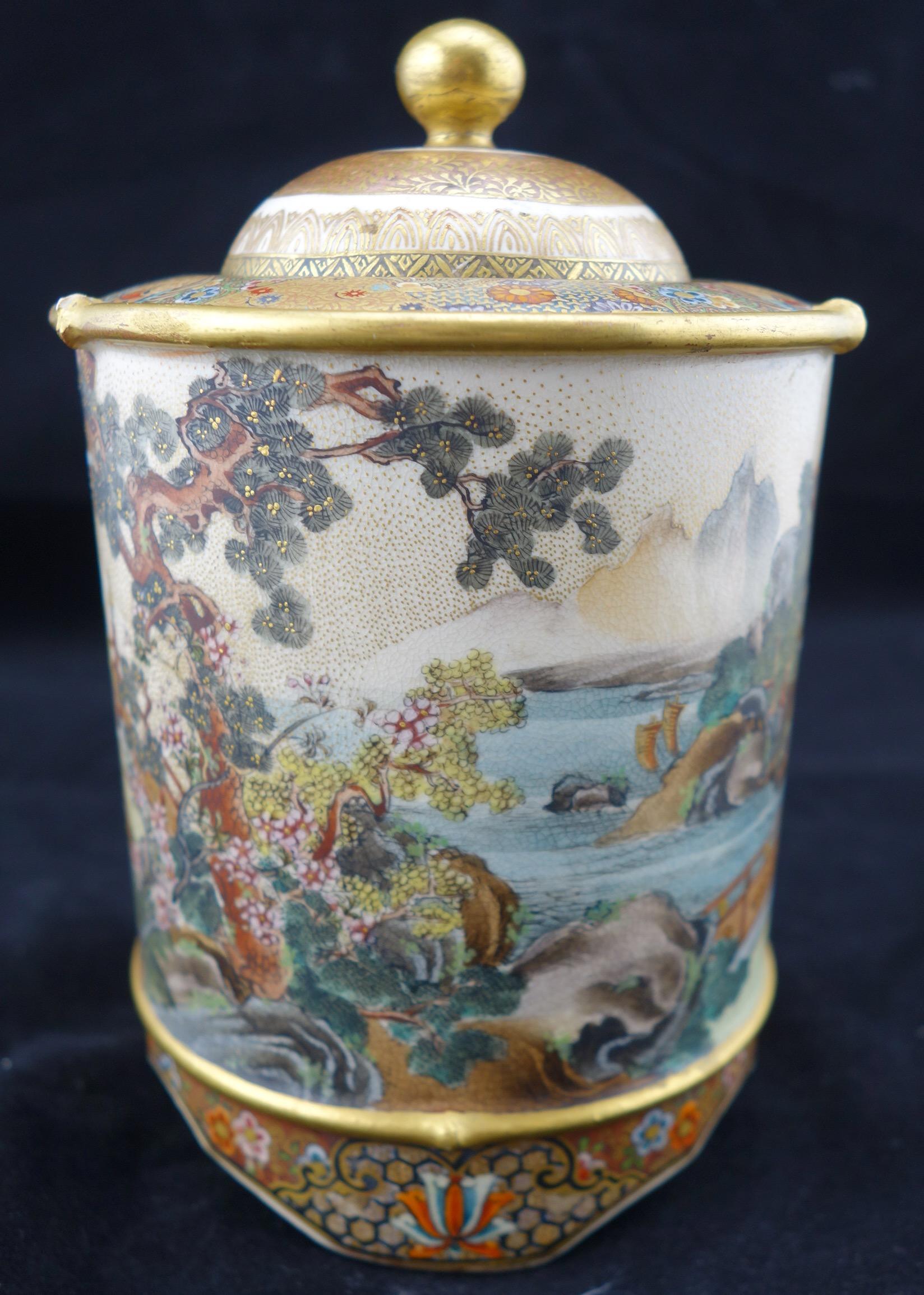 Japanese Meiji satsuma covered scenic jar. Very detailed hand gilding and hand decoration. Maker's mark present on the bottom .