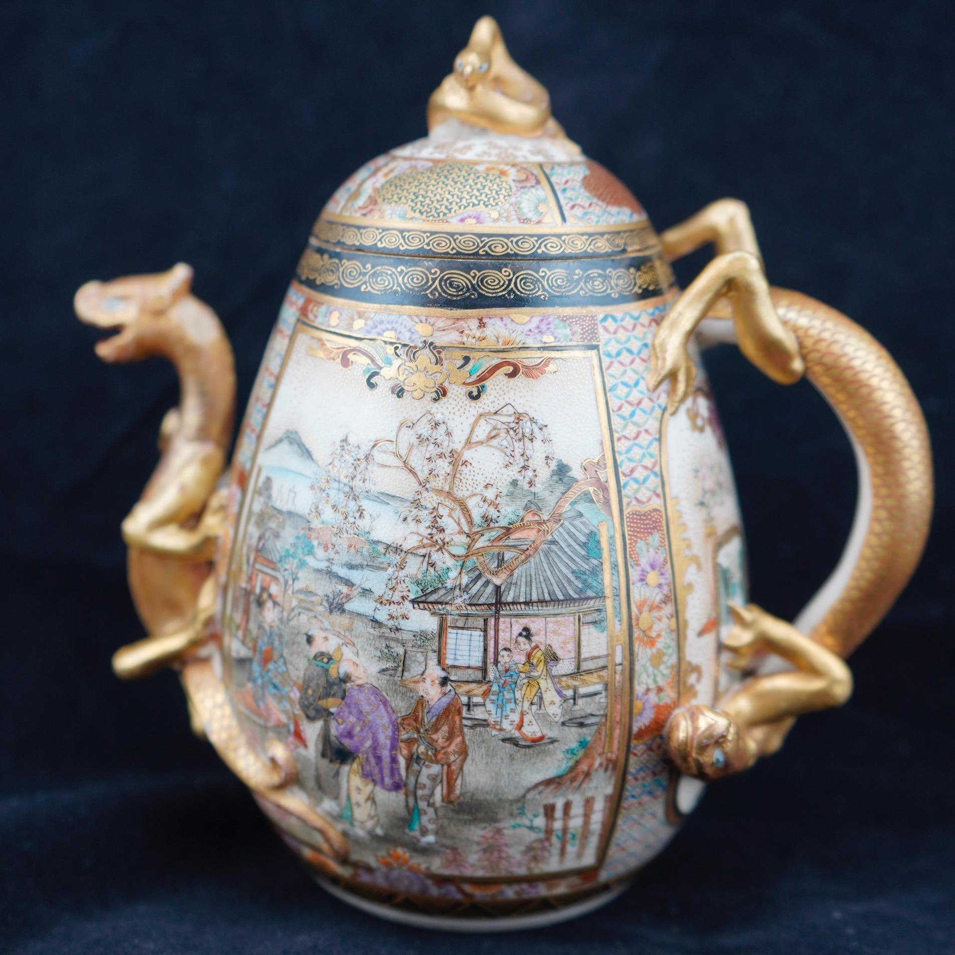 Japanese Meiji satsuma finely decorated and gilded teapot. Some of the finest hand painted work and sculpted shape found on satsuma. Maker's mark on the bottom.