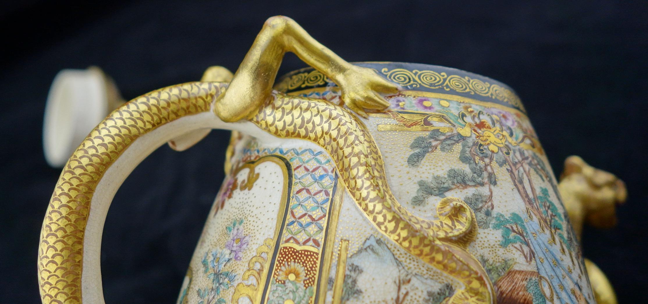 Japanese Meiji Satsuma Finely Decorated and Gilded Dragon Handle Scenic Teapot In Good Condition For Sale In Gainesville, FL