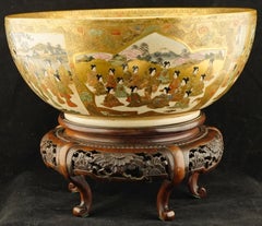 Japanese Meiji Satsuma Large Geisha Bowl on a Wooden Carved Stand