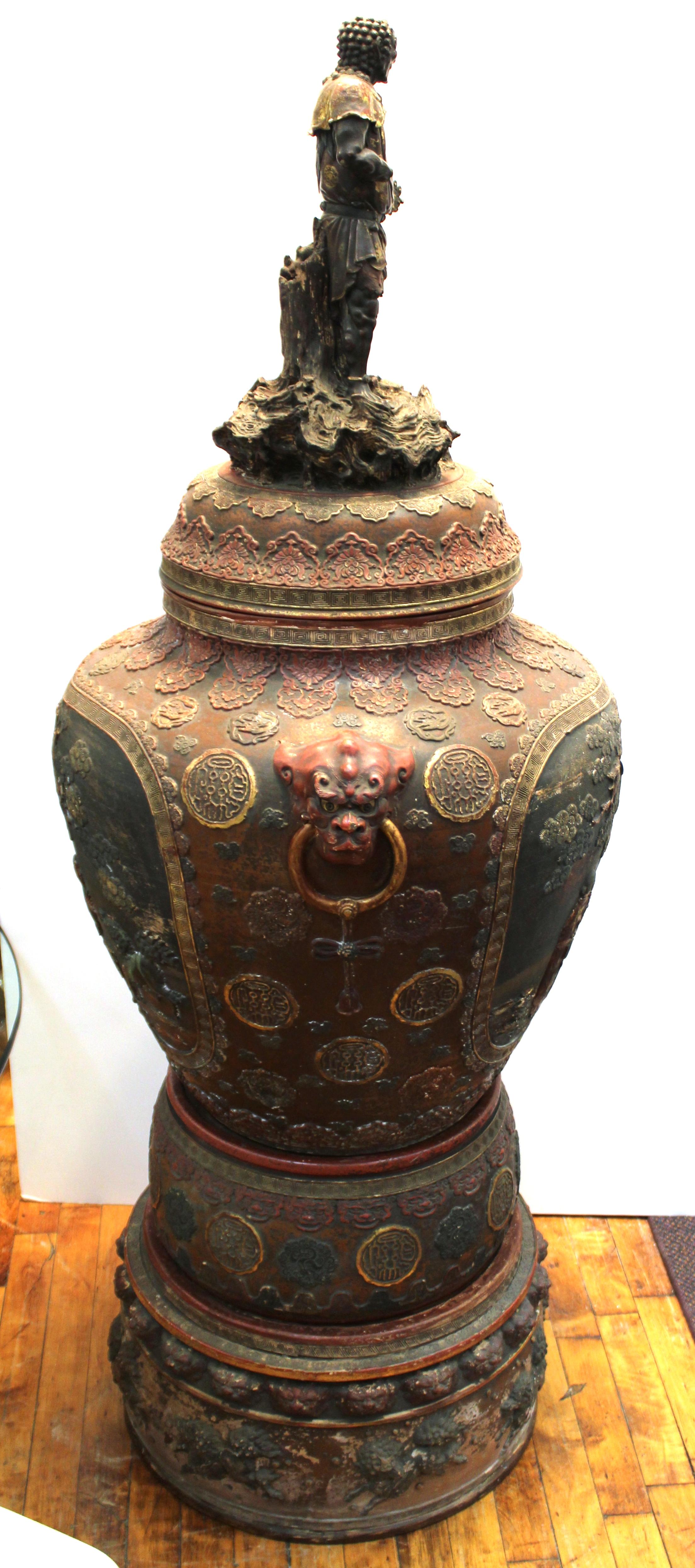Polychromed Japanese Meiji Satsuma Polychrome Monumental Lidded Vase on Stand