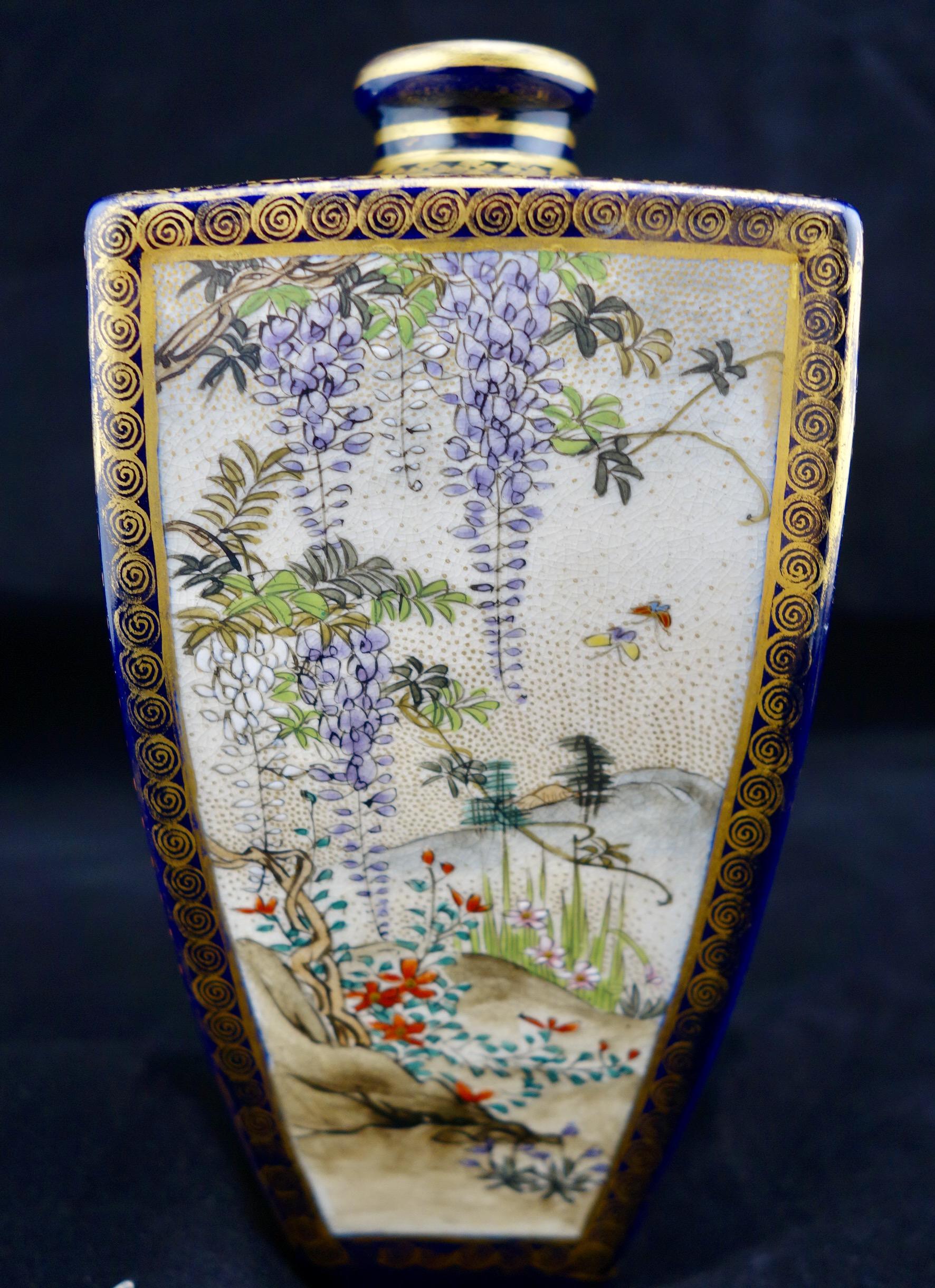 Japanese Meiji Satsuma polygonal vase with four panels. Each panel shows a different scene. Fine gilding and hand enameling. Marked on the bottom with shimadzu mon.