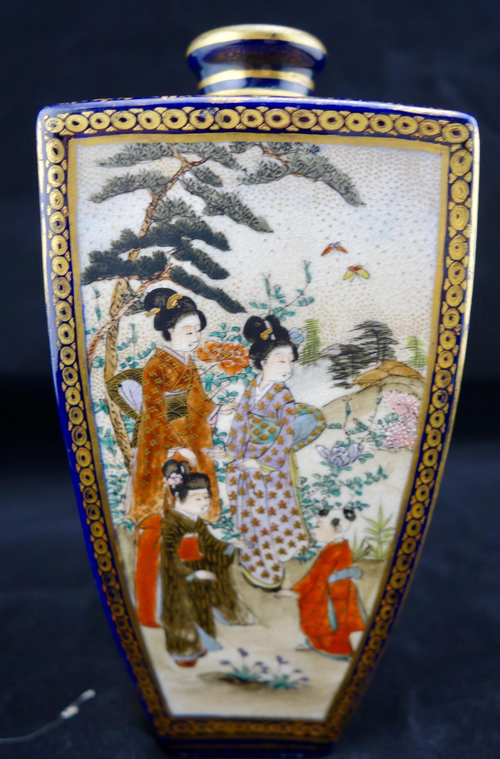 Asian Japanese Meiji Satsuma Polygonal Vase For Sale