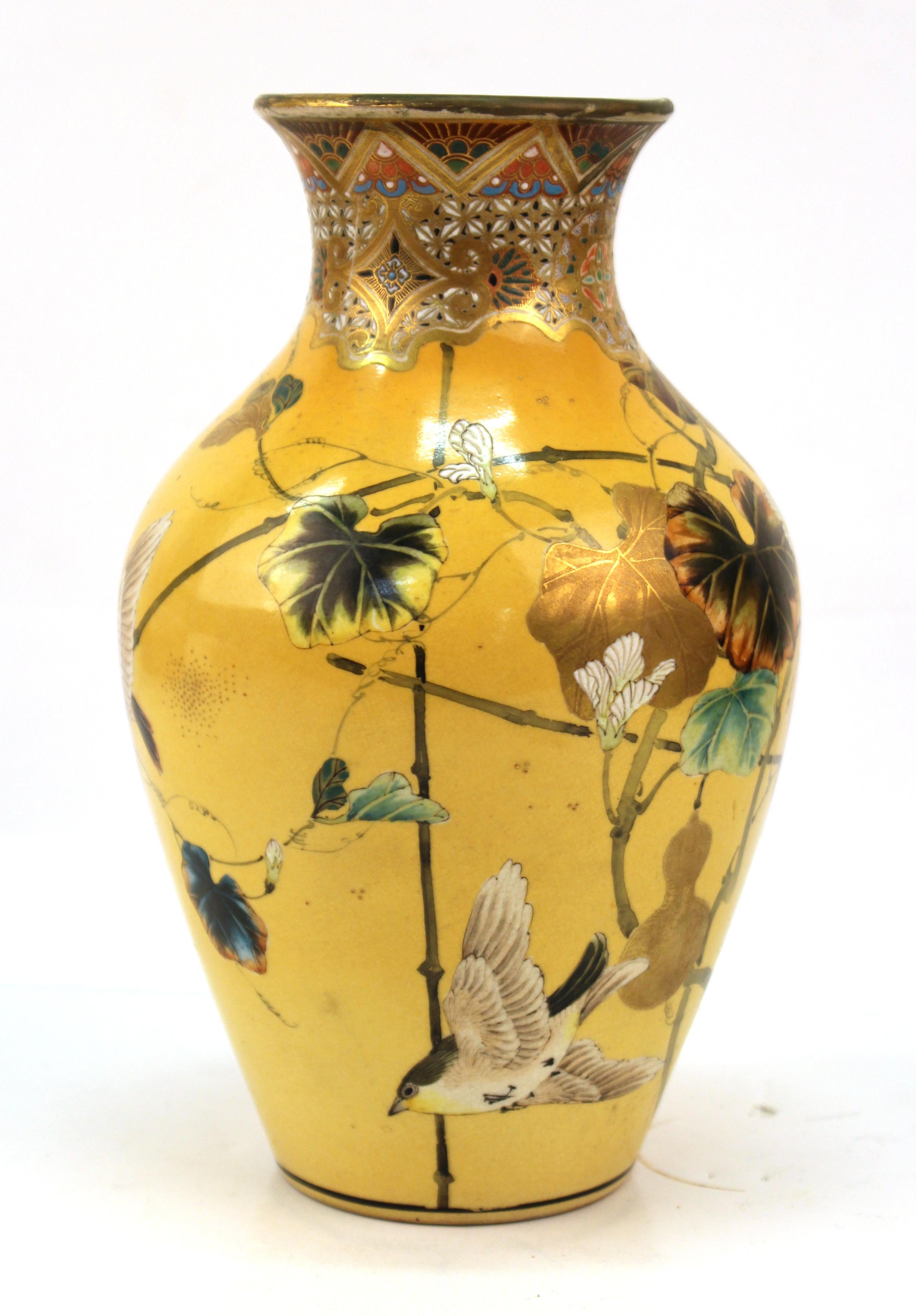 Japanese Meiji period Satsuma vase by well-known potter Taizan Yohei IX, with an over glaze enamel decor by Kono Bairei, one of the Meiji period's foremost painters. Taizan was a renowned Kyoto potter who exhibited and won prizes at a number of