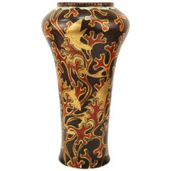 Antique Japanese Meiji Satsuma Vase in Lacquered Porcelain with Golden Fish Motif