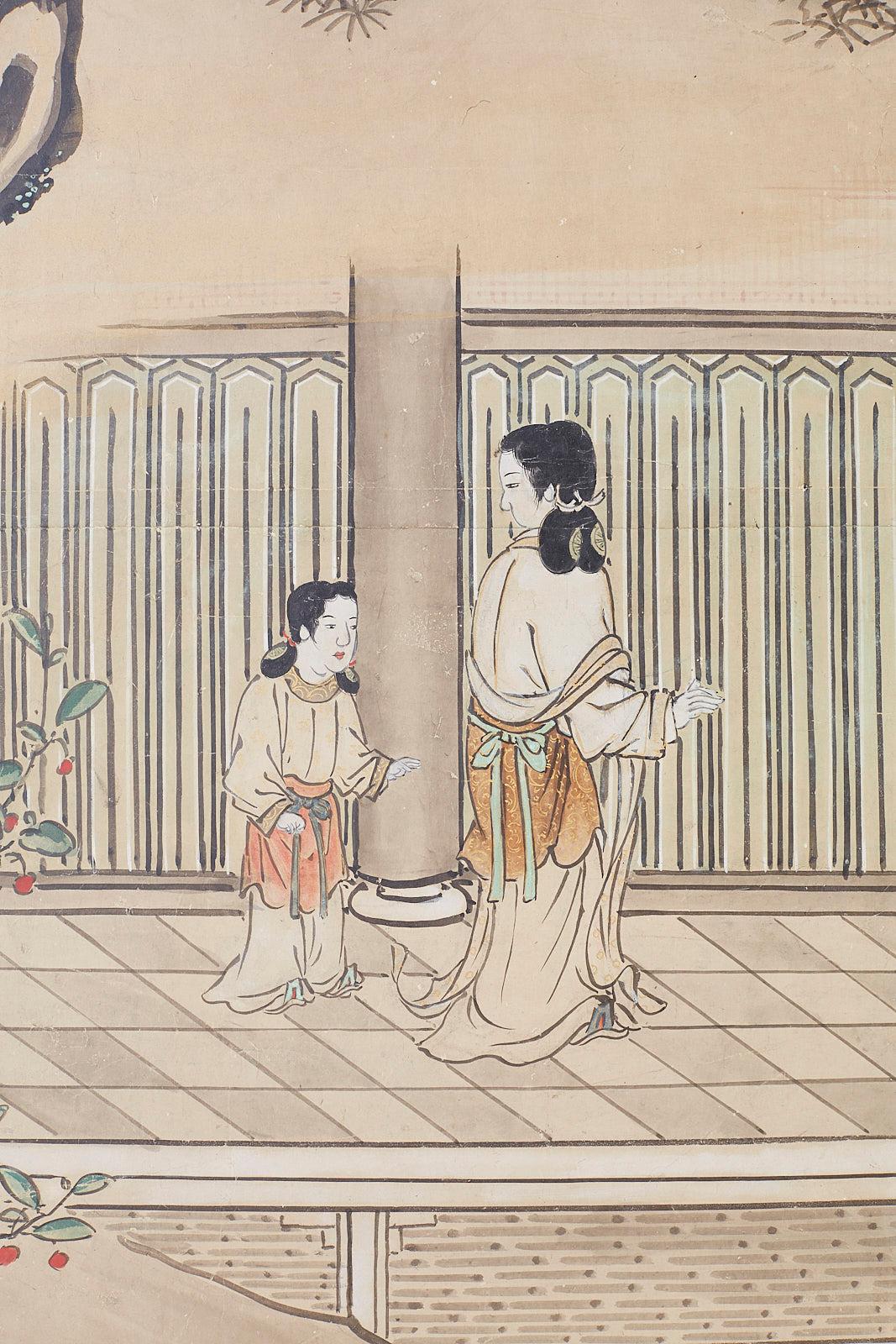 Japanese Meiji Screen Chinese Pagoda with Women and Children 4