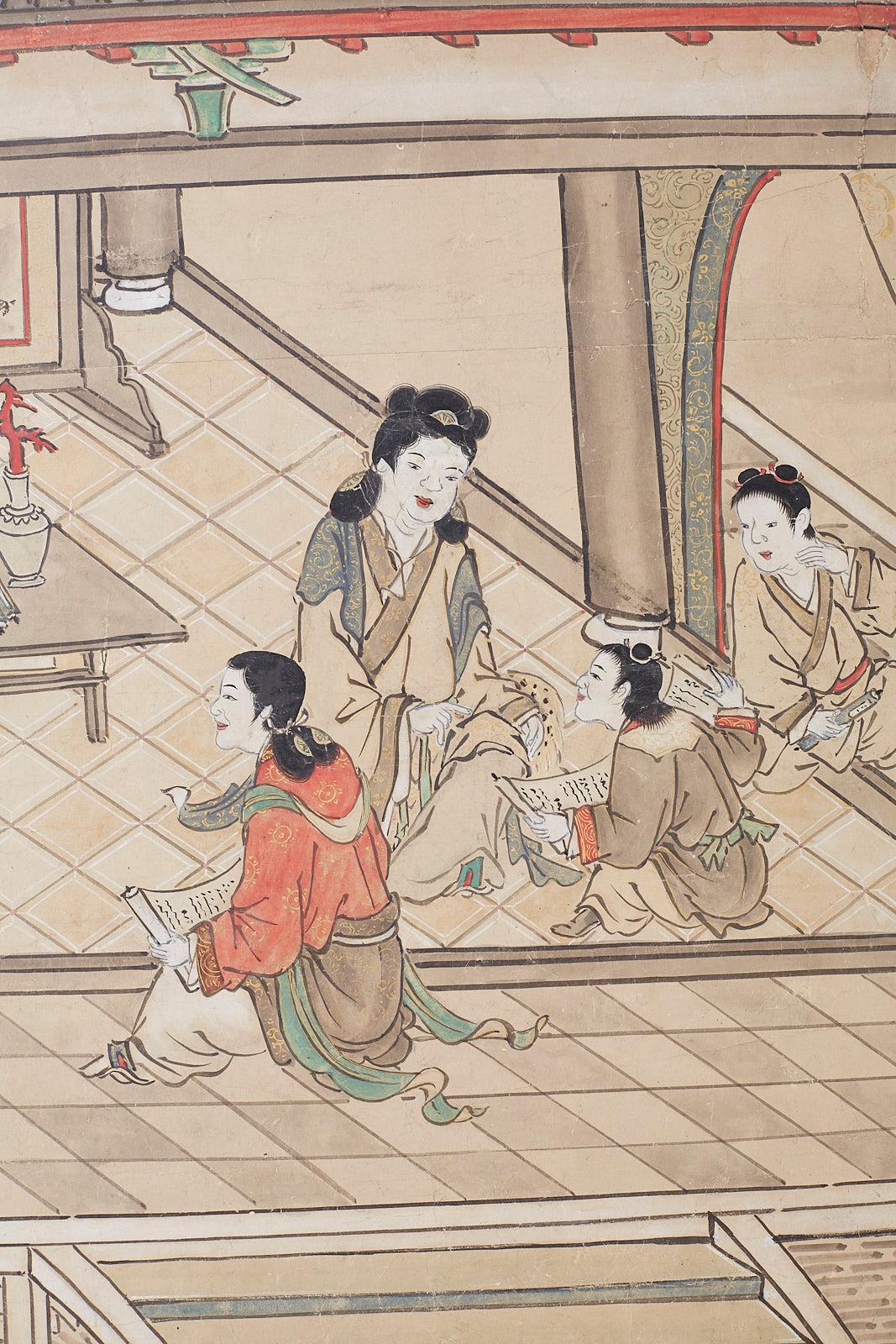 Japanese Meiji Screen Chinese Pagoda with Women and Children 7