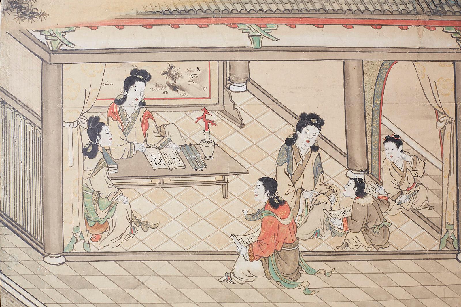 Japanese Meiji Screen Chinese Pagoda with Women and Children 8