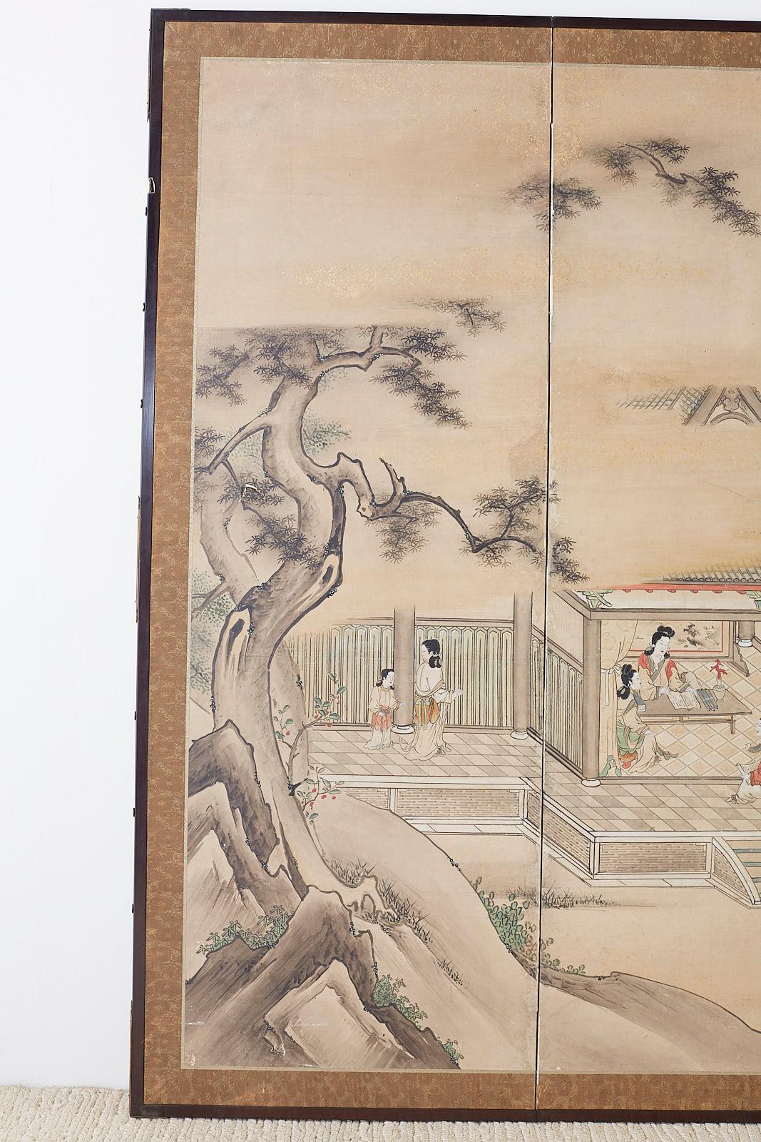 Gilt Japanese Meiji Screen Chinese Pagoda with Women and Children