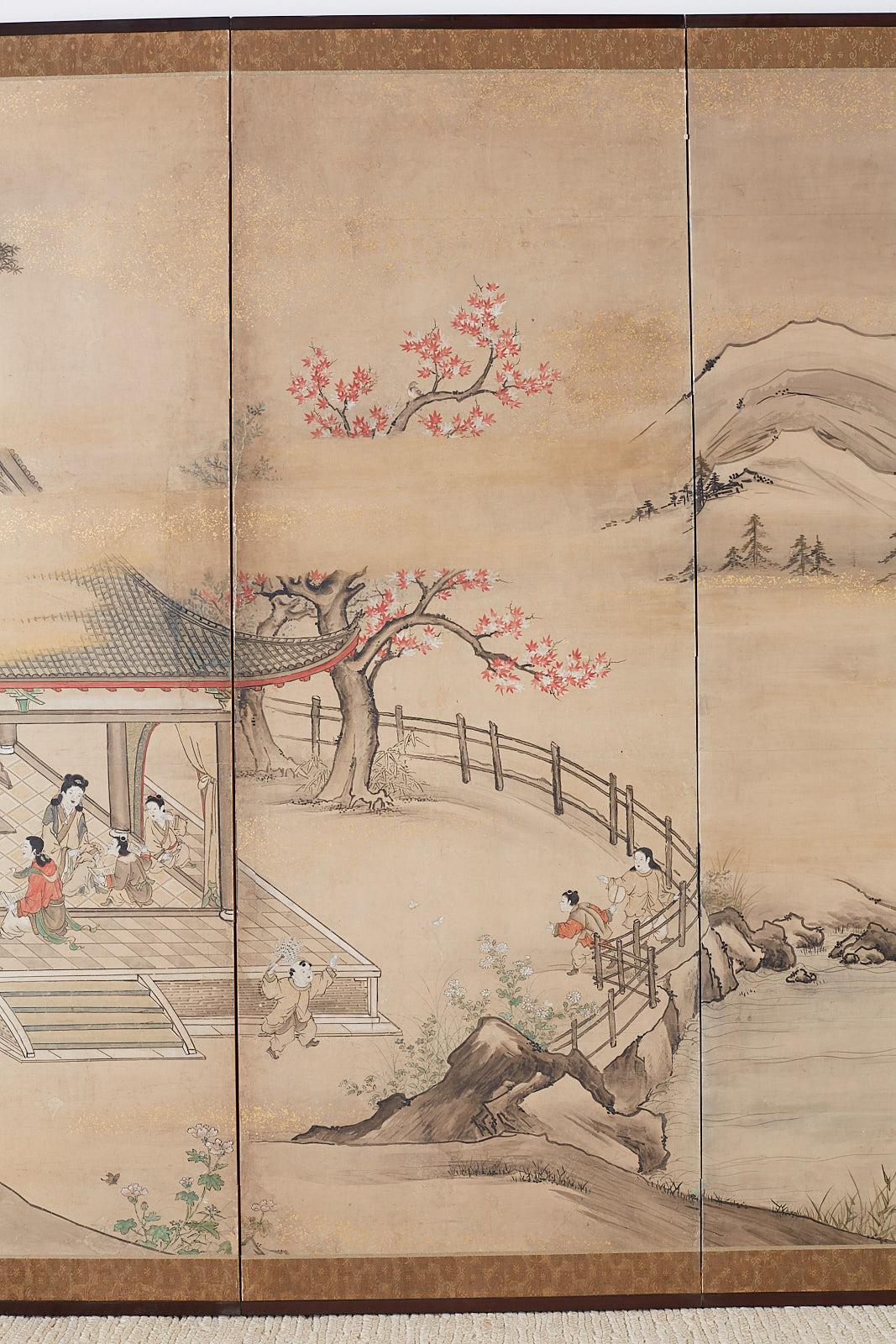 19th Century Japanese Meiji Screen Chinese Pagoda with Women and Children