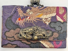 Japanese Meiji Silk Tabako-ire Pouch with Dragon, Pipe & Netsuke, c. 1880