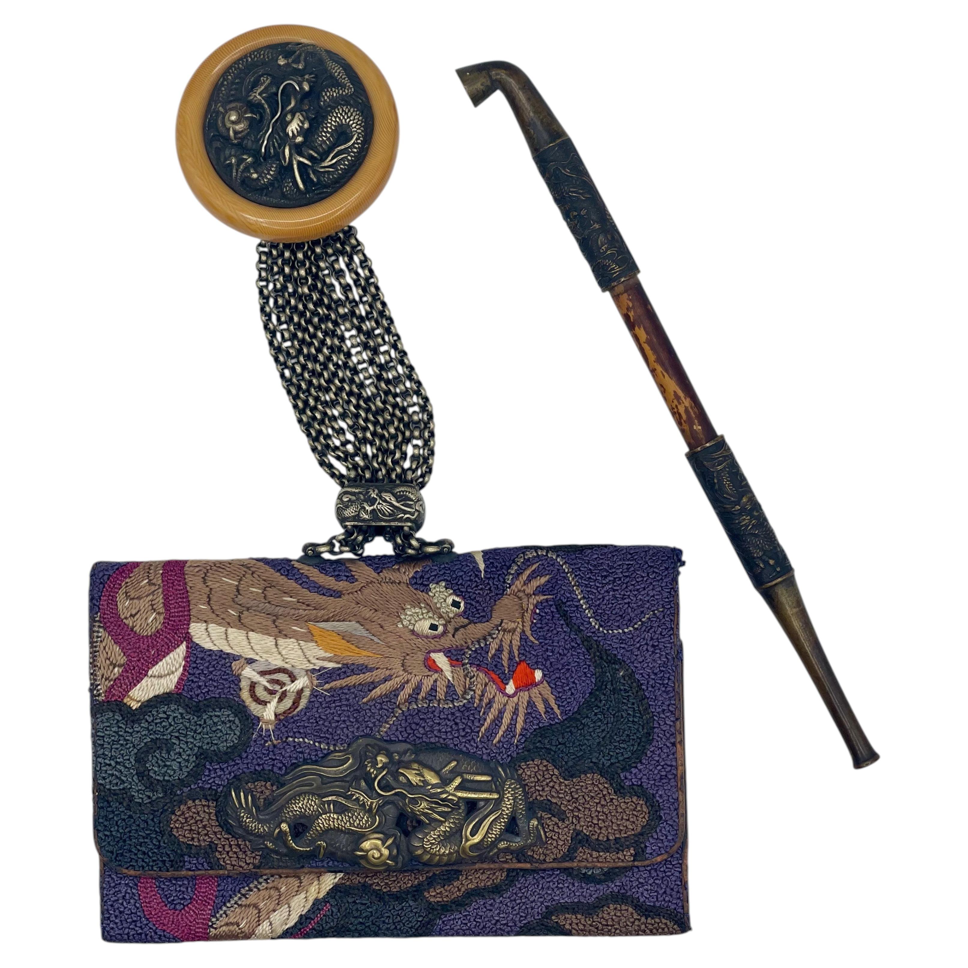 Japanese Meiji Silk Tabako-ire Pouch with Dragon, Pipe & Netsuke, c. 1880