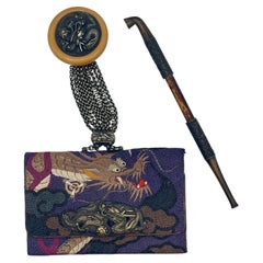 Japanese Meiji Silk Tabako-ire Pouch with Dragon, Pipe & Netsuke, c. 1880