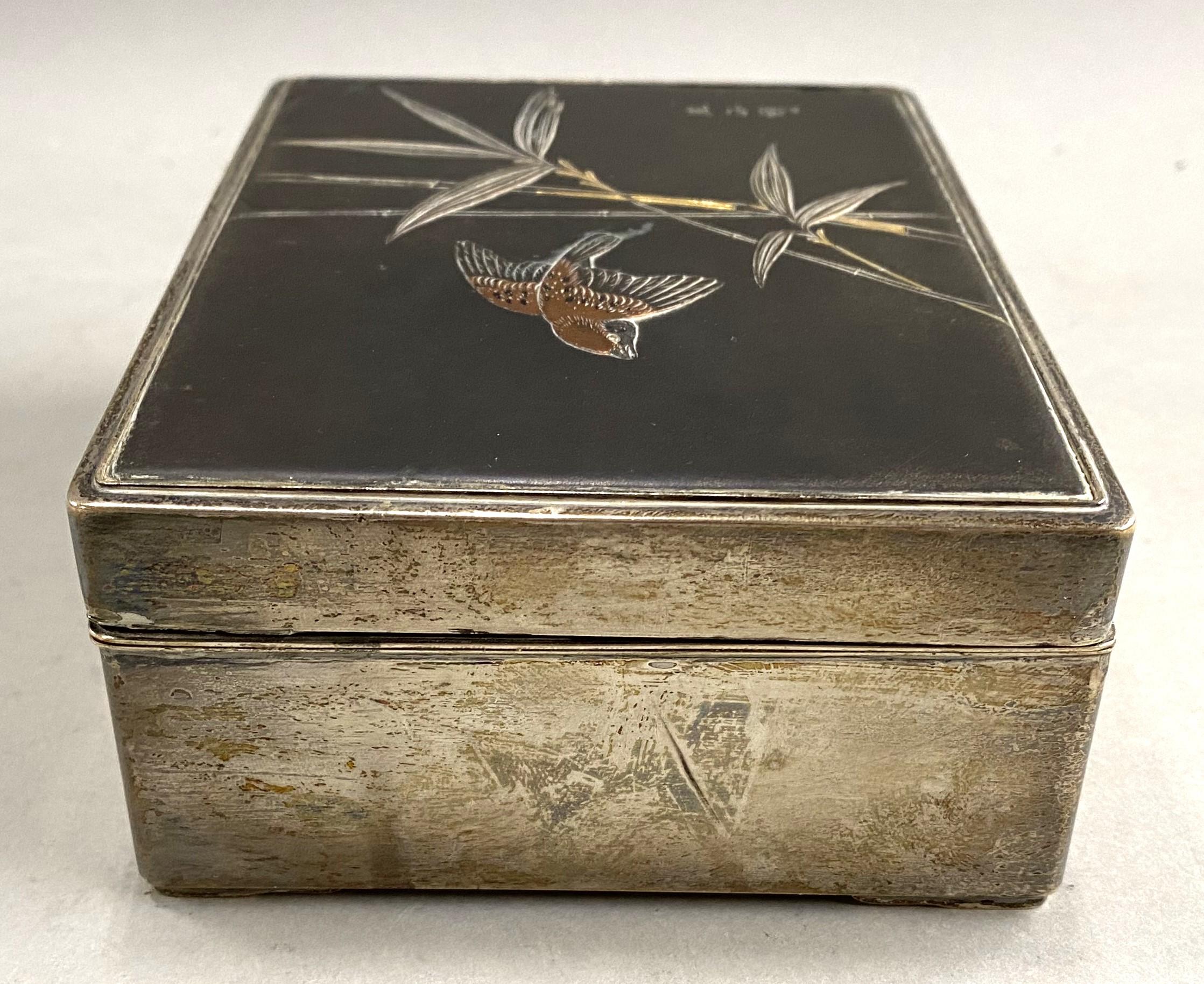  Japanese Meiji Silver & Mixed Metal Cigarette Box  In Good Condition For Sale In Milford, NH
